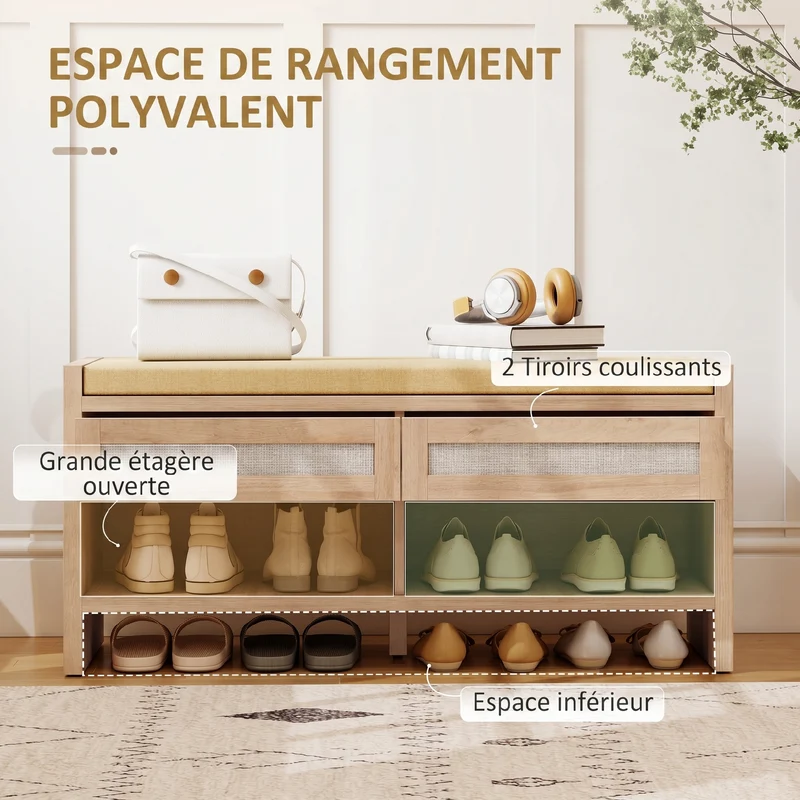 Banc à chaussures entrée 108 x 35 x 50 cm assise rembourrée 2 tiroirs scandinave contemporain fini mat en MDF marron 21_0002814