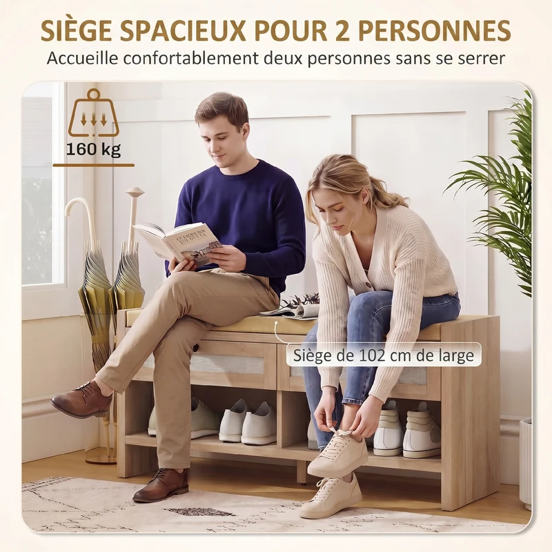 Banc à chaussures entrée 108 x 35 x 50 cm assise rembourrée 2 tiroirs scandinave contemporain fini mat en MDF marron 21_0002814
