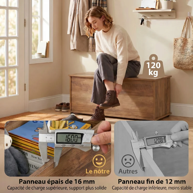 Coffre de rangement banc 100 x 40 x 40 cm capacité 120 kg assise moderne épuré salon en panneaux de particules marron 21_0001705