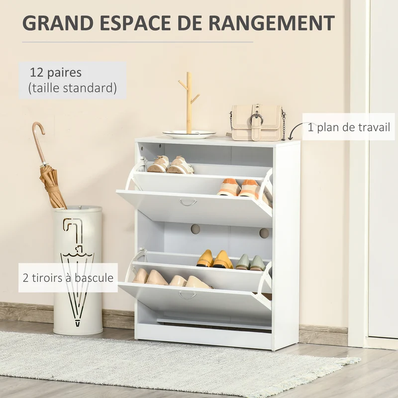 Armoire à chaussures entrée 60 x 24 x 80 cm rangement optimisé portes abattantes moderne en panneau de particule blanc 21_0001725
