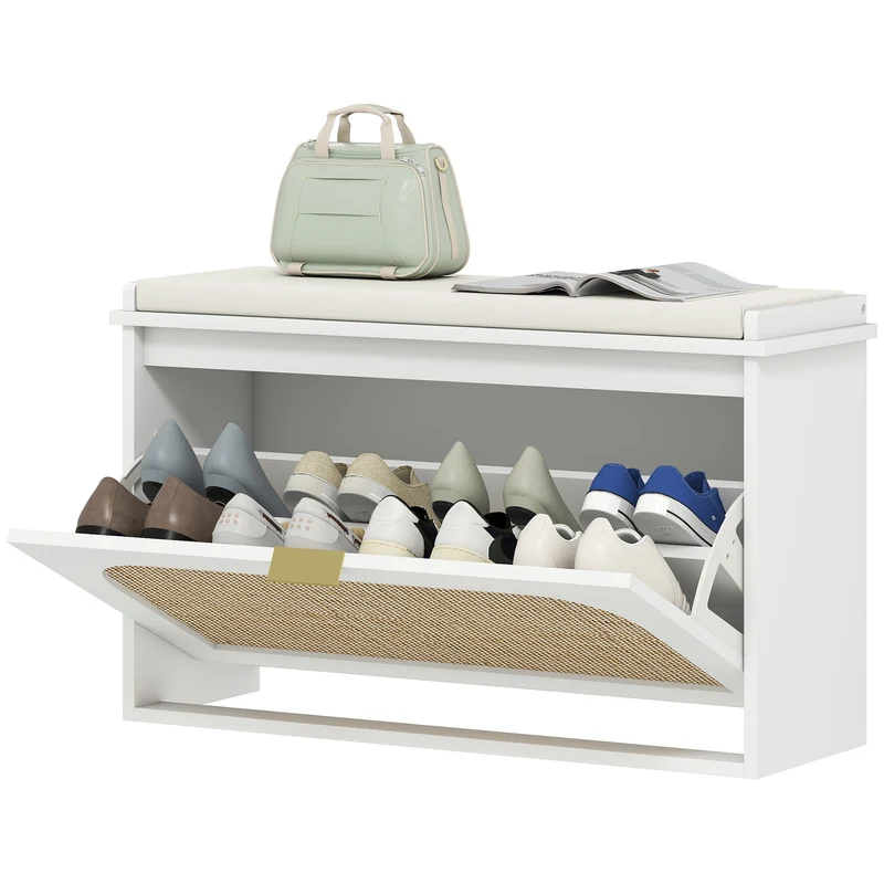 Banc à chaussures d'entrée 80 x 26 x 47.5 cm assise rembourrée pratique rangement 8 paires scandinave épuré en MDF blanc 21_0002758