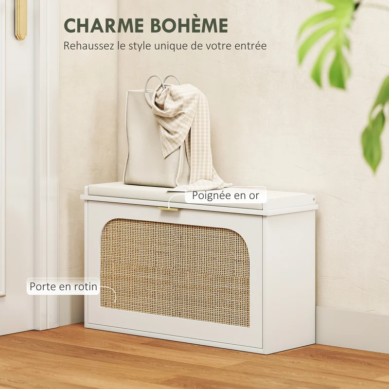 Banc à chaussures d'entrée 80 x 26 x 47.5 cm assise rembourrée pratique rangement 8 paires scandinave épuré en MDF blanc 21_0002758