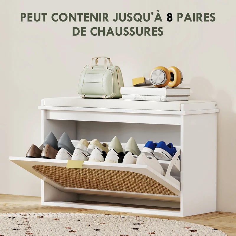 Banc à chaussures d'entrée 80 x 26 x 47.5 cm assise rembourrée pratique rangement 8 paires scandinave épuré en MDF blanc 21_0002758