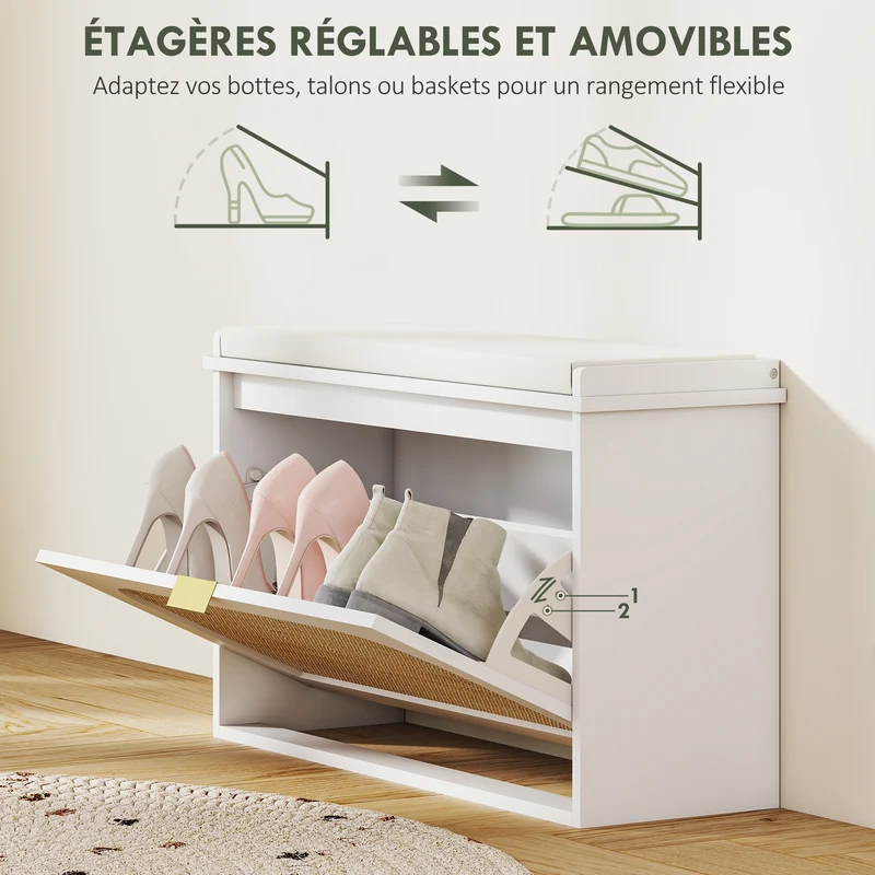 Banc à chaussures d'entrée 80 x 26 x 47.5 cm assise rembourrée pratique rangement 8 paires scandinave épuré en MDF blanc 21_0002758