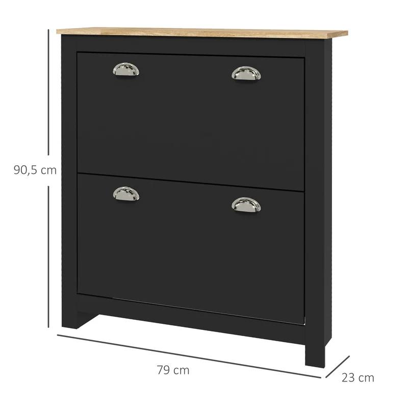 Armoire à chaussures d'entrée 79 x 23 x 90,5 cm abattante gain de place compartimenté 2 portes contemporain en MDF noir 21_0002631