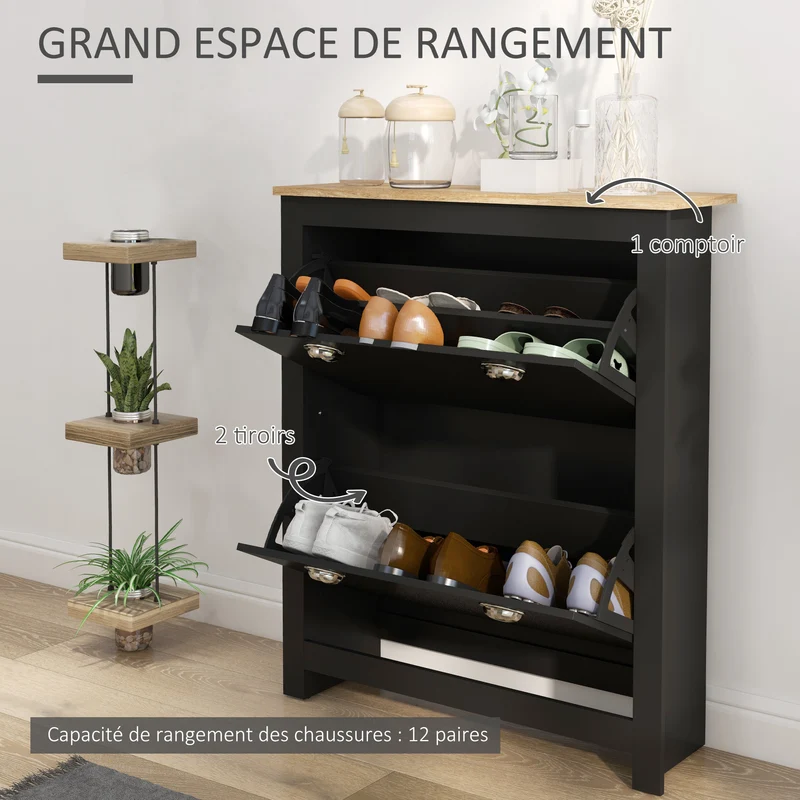 Armoire à chaussures d'entrée 79 x 23 x 90,5 cm abattante gain de place compartimenté 2 portes contemporain en MDF noir 21_0002631