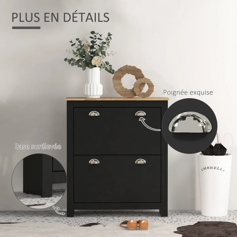 Armoire à chaussures d'entrée 79 x 23 x 90,5 cm abattante gain de place compartimenté 2 portes contemporain en MDF noir 21_0002631