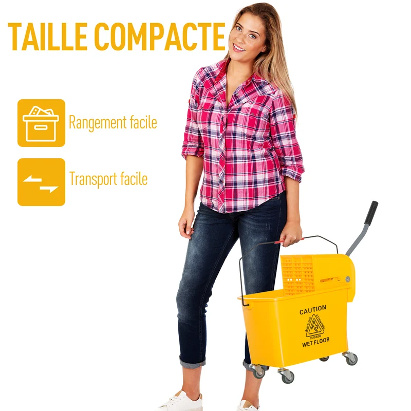 Chariot de nettoyage seau essoreur séparateur eau propre sale 60 x 27 x 71 cm mobile roulettes léger épuré en PP jaune 21_0000921