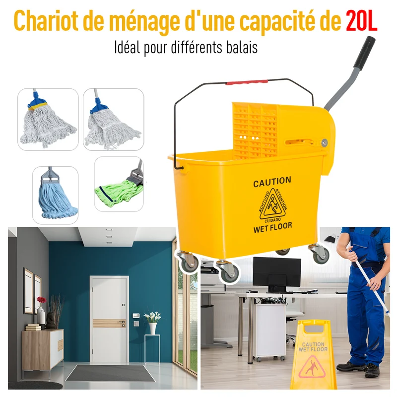 Chariot de nettoyage seau essoreur séparateur eau propre sale 60 x 27 x 71 cm mobile roulettes léger épuré en PP jaune 21_0000921