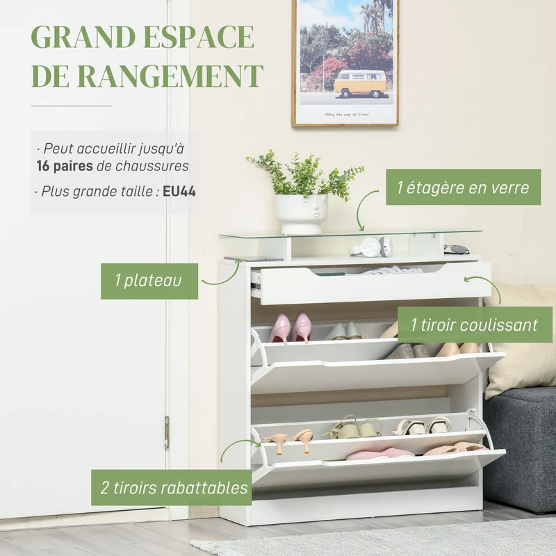 Armoire à chaussures entrée compacte 89 x 23 x 96 cm rangement modulable anti basculement contemporain épuré en MDF blanc 21_0002628