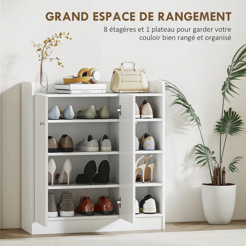 Armoire à chaussures entrée 83 x 30 x 90 cm gain de place étagère réglable moderne épuré en panneau de particules blanc 21_0000090