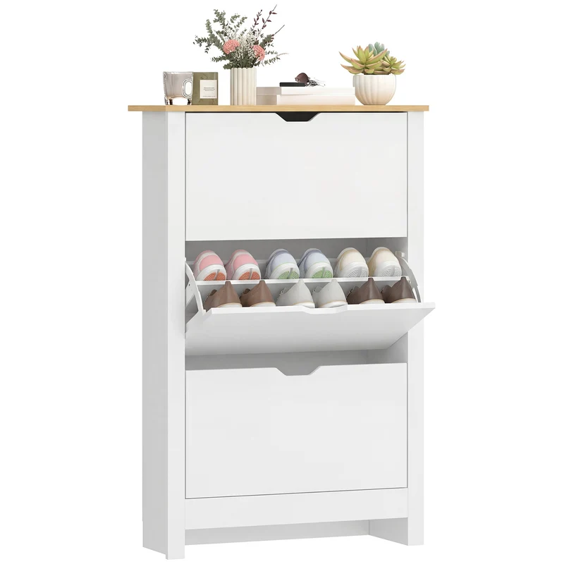 Armoire à chaussures entrée 72 x 26 x 112 cm 3 portes 2 niveaux anti basculement épuré en panneaux de particules blanc 21_0002603