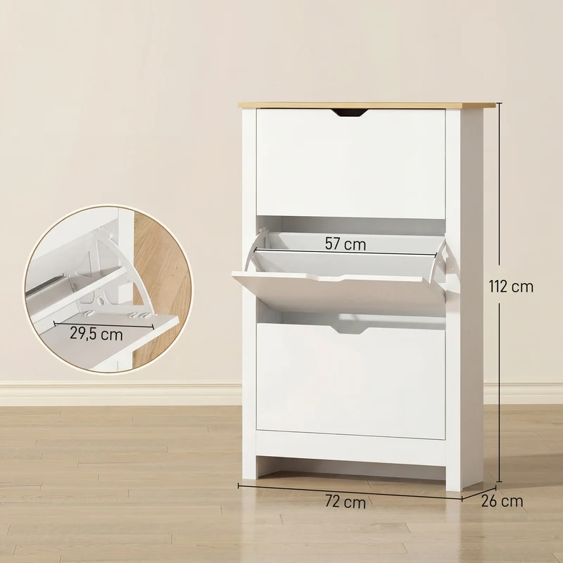 Armoire à chaussures entrée 72 x 26 x 112 cm 3 portes 2 niveaux anti basculement épuré en panneaux de particules blanc 21_0002603