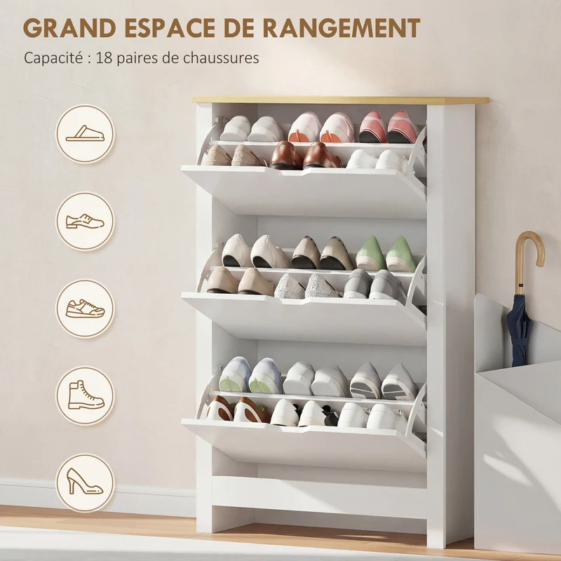 Armoire à chaussures entrée 72 x 26 x 112 cm 3 portes 2 niveaux anti basculement épuré en panneaux de particules blanc 21_0002603