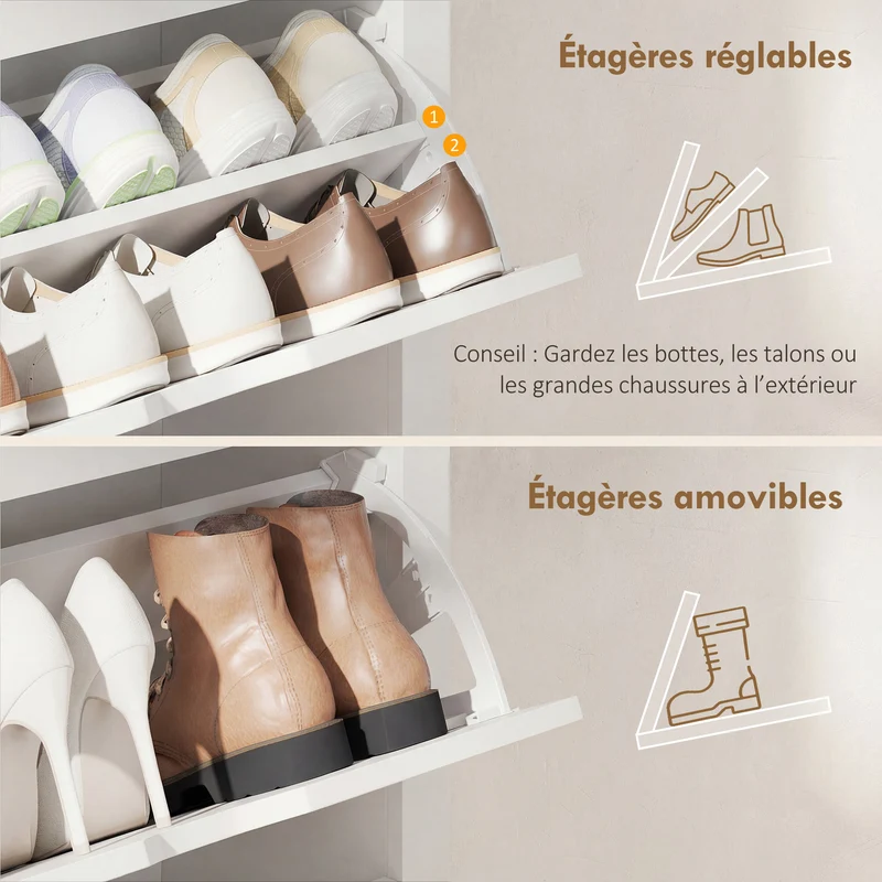 Armoire à chaussures entrée 72 x 26 x 112 cm 3 portes 2 niveaux anti basculement épuré en panneaux de particules blanc 21_0002603