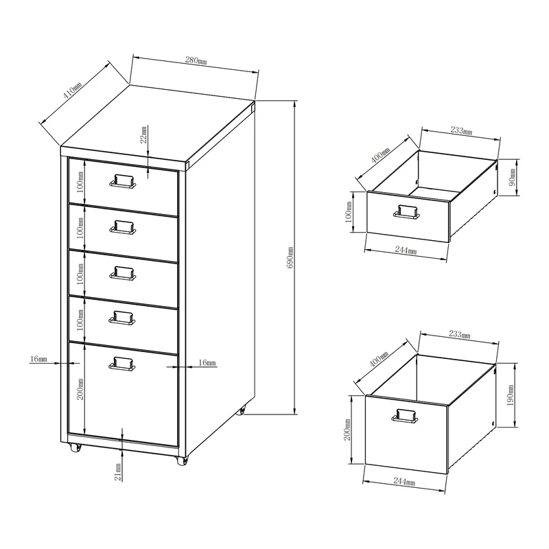 Caisson de bureau armoire meuble de rangement à roulettes avec 5 tiroirs 69 x 28 x 41 cm rouge brique 03_0009106