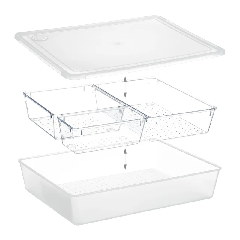 Lot de 1 bac de rangement transparent 3 compartiments amovibles salle de bain bureau 38 x 25 x 12 cm en plastique clair 13_0014634