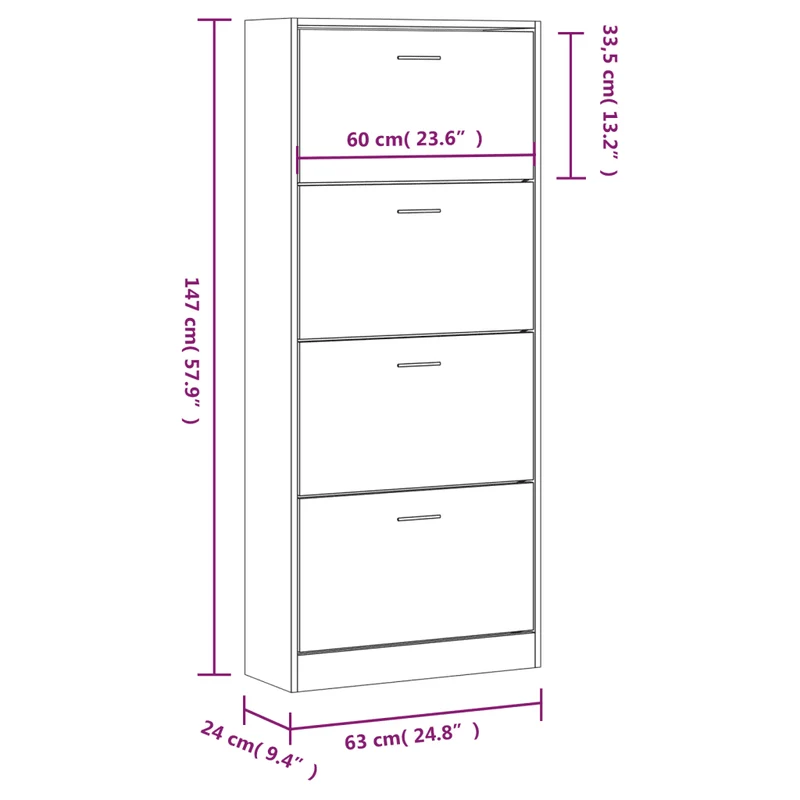 Armoire à chaussures moderne avec tiroirs rabattables 63 x 24 x 147 cm en bois d'ingénierie chêne marron 02_0047070