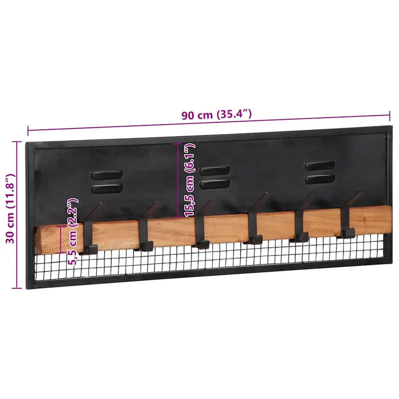 Porte-manteaux mural bois massif 90 x 11 x 30 cm avec 6 crochets design moderne entrée en manguier naturel 02_0047570