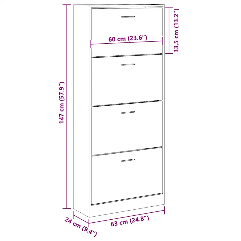 Armoire à chaussures moderne avec 4 tiroirs de rangement 63 x 24 x 147 cm en bois d'ingénierie chêne fumé 02_0047068