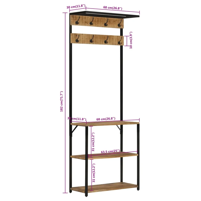 Porte-manteau et rangement chaussures pratique 68 x 30 x 182 cm design contemporain en bois de manguier noir 02_0047563