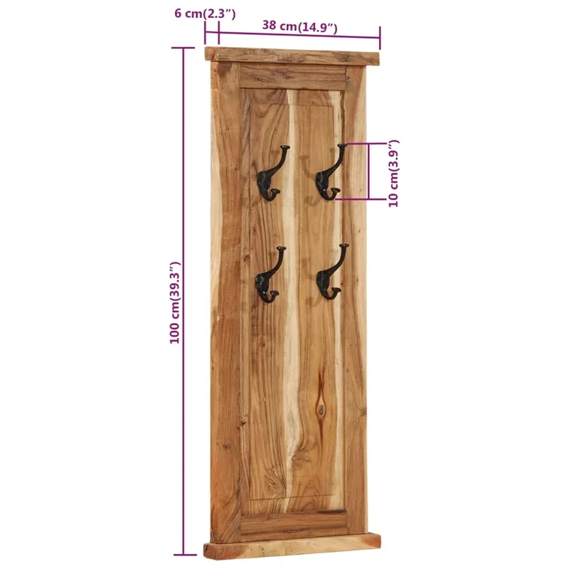 Lot de 2 porte-manteaux muraux vintage style antique 38 x 100 cm avec crochets en bois acacia 02_0046940