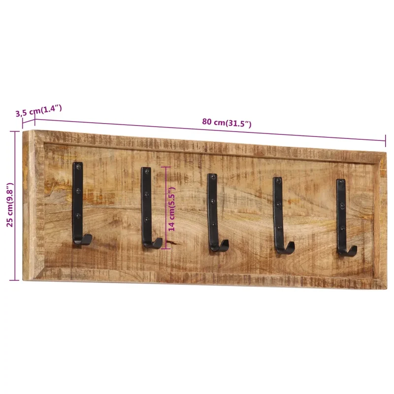 Porte-manteau mural avec 5 crochets pratique pour couloir 80 x 25 x 5,5 cm style naturel en manguier 02_0047362