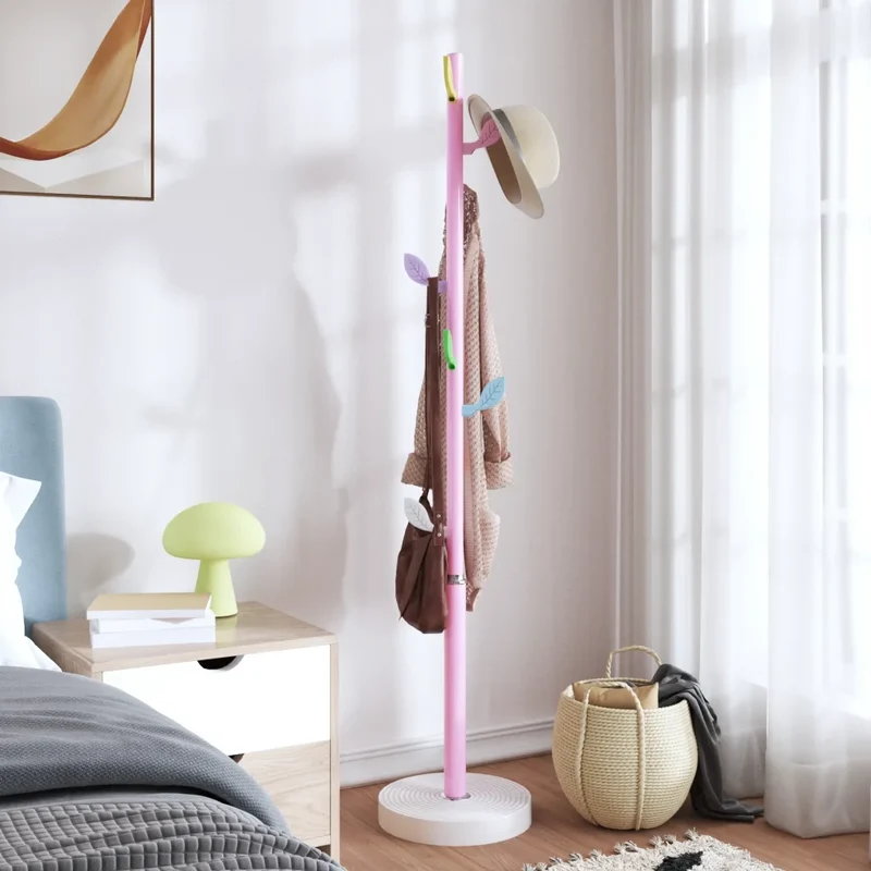 Porte-manteau sur pied pratique avec 8 patères rangement 172 x 35 cm en fer enduit de poudre rose 02_0047590