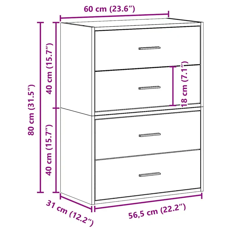 Lot de 2 armoires de rangement empilables 60 x 31 x 40 cm avec 2 tiroirs pratiques style moderne en bois d'ingénierie gris 02_0051199