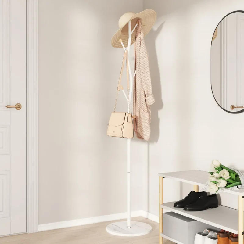 Porte-manteau sur pied pratique avec 8 patères rangement 177 x 37 x 37 cm en fer enduit de poudre blanc 02_0047593