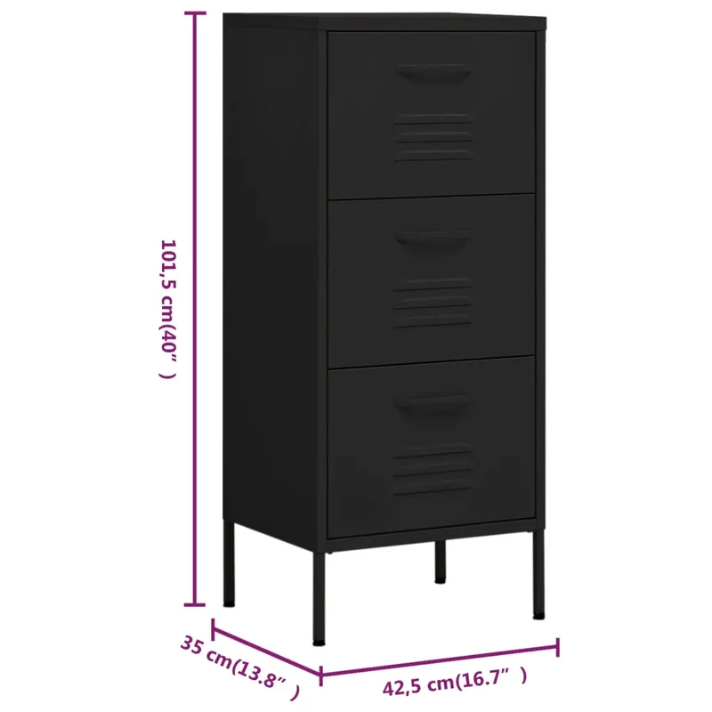 Armoire de rangement élégante pratiques avec 3 tiroirs 42,5 x 35 x 101,5 cm en acier noir 02_0046875