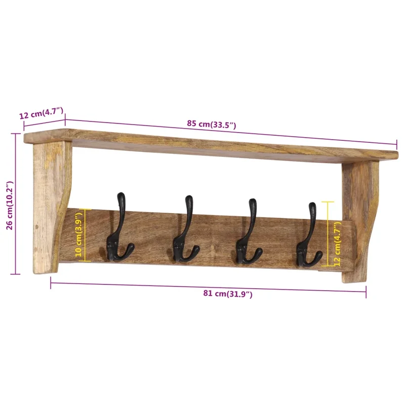 Porte-manteau mural pratique avec étagère 85 x 26 x 12 cm en bois de manguier naturel 02_0047364