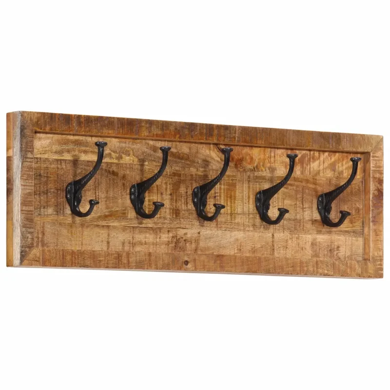 Porte-manteau mural 80 x 25 x 9 cm avec 5 crochets pratiques style contemporain en bois de manguier naturel 02_0047363