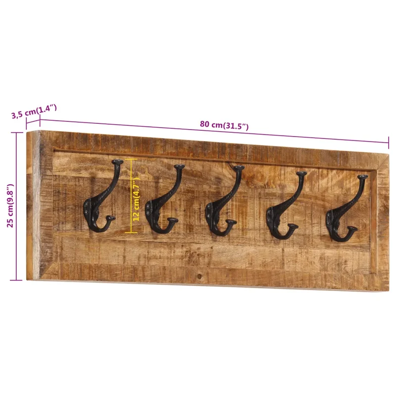 Porte-manteau mural 80 x 25 x 9 cm avec 5 crochets pratiques style contemporain en bois de manguier naturel 02_0047363