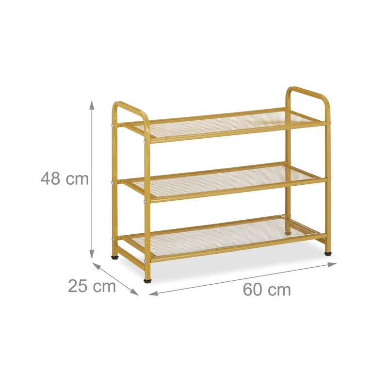 Étagère à chaussures pratique 3 niveaux rangement 90 x 30 x 60 cm en acier doré 13_0013914