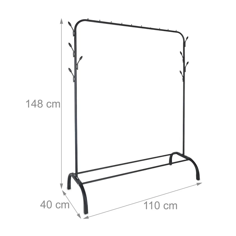 Porte-manteau sur pied avec étagère et 8 crochets pour couloir bureau 148 x 110 x 40 cm en fer noir 13_0017702