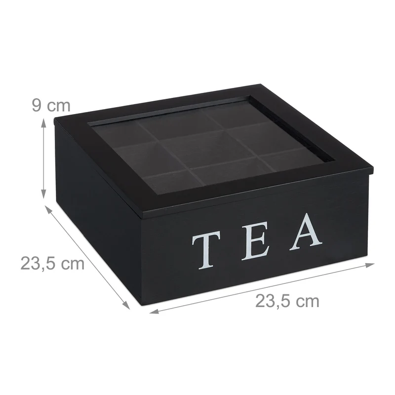 Boîte à thé noire avec fenêtre 9 compartiments pour tri pratique designs épuré en bois noir 13_0014702