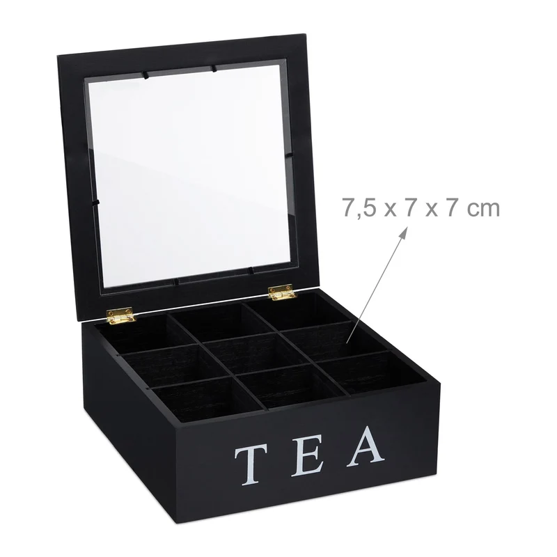 Boîte à thé noire avec fenêtre 9 compartiments pour tri pratique designs épuré en bois noir 13_0014702
