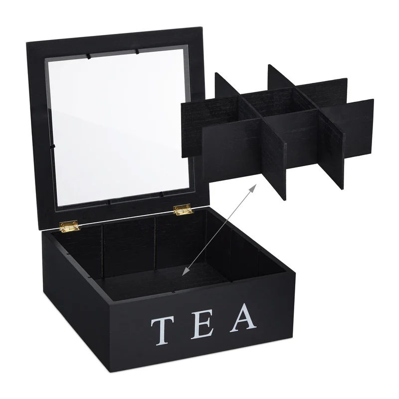 Boîte à thé noire avec fenêtre 9 compartiments pour tri pratique designs épuré en bois noir 13_0014702