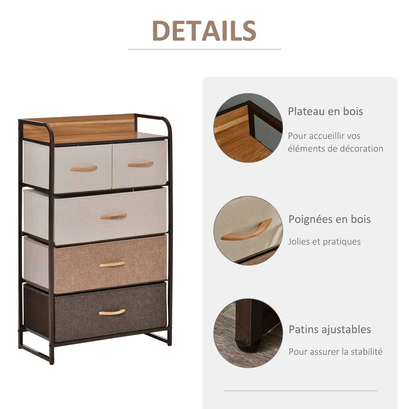 Commode de rangement 58 x 29 x 99 cm 5 tiroirs pliables anti basculement style contemporain épuré en polyester gris 21_0001486