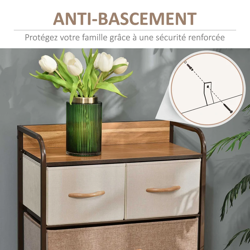 Commode de rangement 58 x 29 x 99 cm 5 tiroirs pliables anti basculement style contemporain épuré en polyester gris 21_0001486