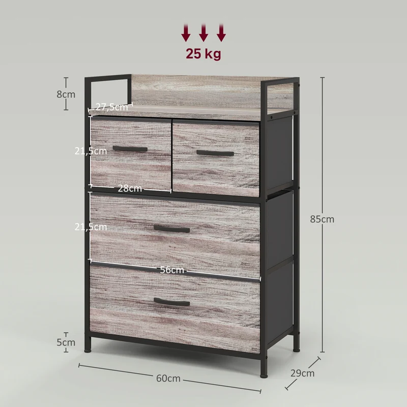 Commode de chambre 60 x 29 x 85 cm 4 tiroirs amovibles étagère supérieure finition mate industriel rustique en tissu gris 21_0001596