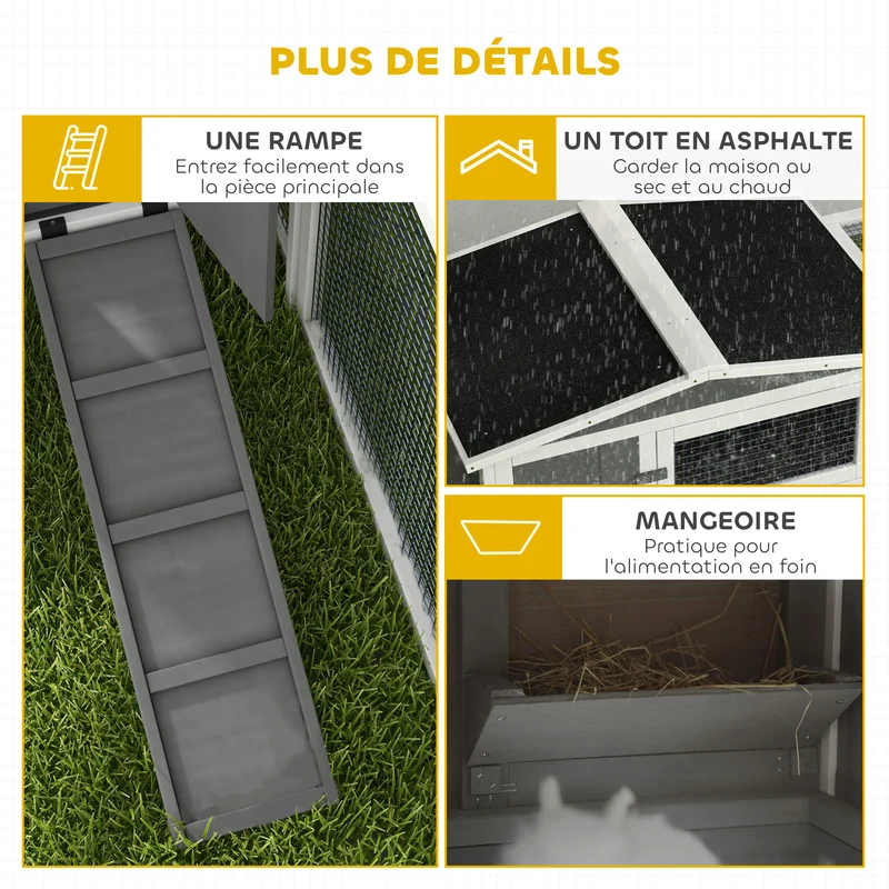 Clapier pour lapins 2 étages 156 x 58 x 68 cm tiroir déjection enclos amovible extérieur style rustique en bois gris 21_0007860
