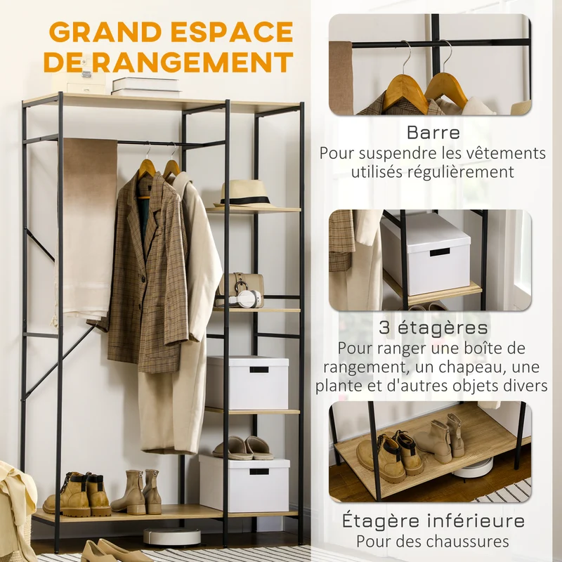 Portant à vêtements 100 x 46 x 170,5 cm avec tringle et 4 étagères gain de place industriel chic sécurisé en métal noir 21_0005782