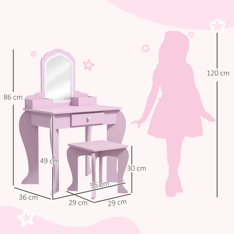 Coiffeuse pour enfant 55 x 36 x 86 cm miroir nuage tabouret rangements tiroir créatif décoratif contemporain en MDF rose 21_0000267