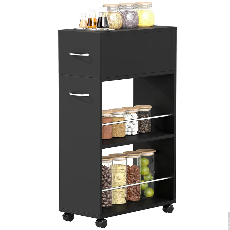 Chariot de cuisine sur roulettes 25 x 50 x 85 cm gain de place rangement moderne épuré en panneau de particules noir 21_0001025