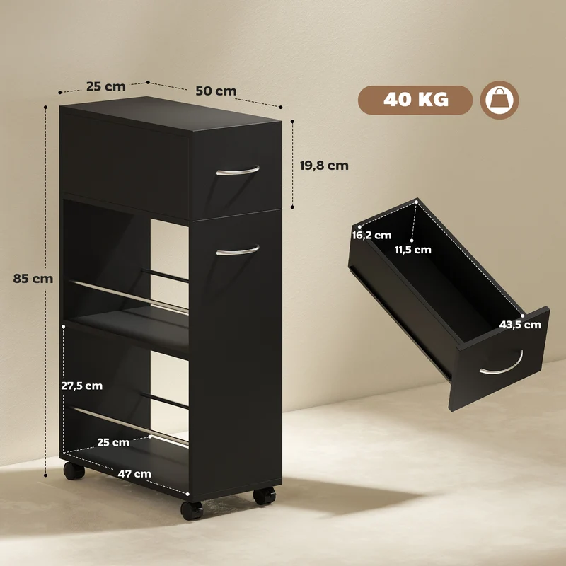 Chariot de cuisine sur roulettes 25 x 50 x 85 cm gain de place rangement moderne épuré en panneau de particules noir 21_0001025
