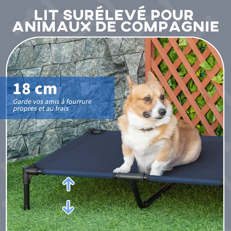 Lit pour chien surélevé camping 92 x 76 x 18 cm aération optimale sac transport inclus style épuré en tissu oxford bleu 21_0007336