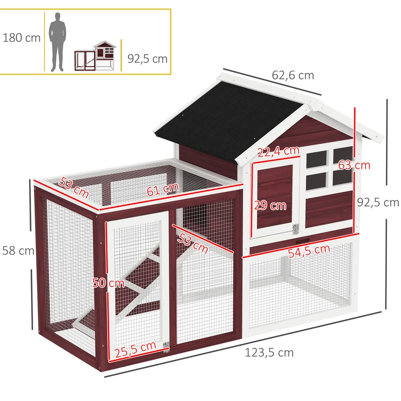 Clapier pour lapins avec enclos extérieur 123,5 x 62,6 x 92,5 cm niche surélevée plateau rustique en bois rouge brique 21_0007870