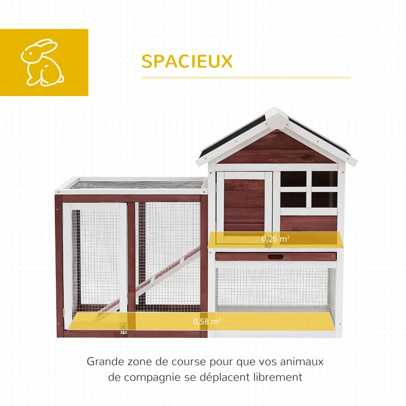 Clapier pour lapins avec enclos extérieur 123,5 x 62,6 x 92,5 cm niche surélevée plateau rustique en bois rouge brique 21_0007870